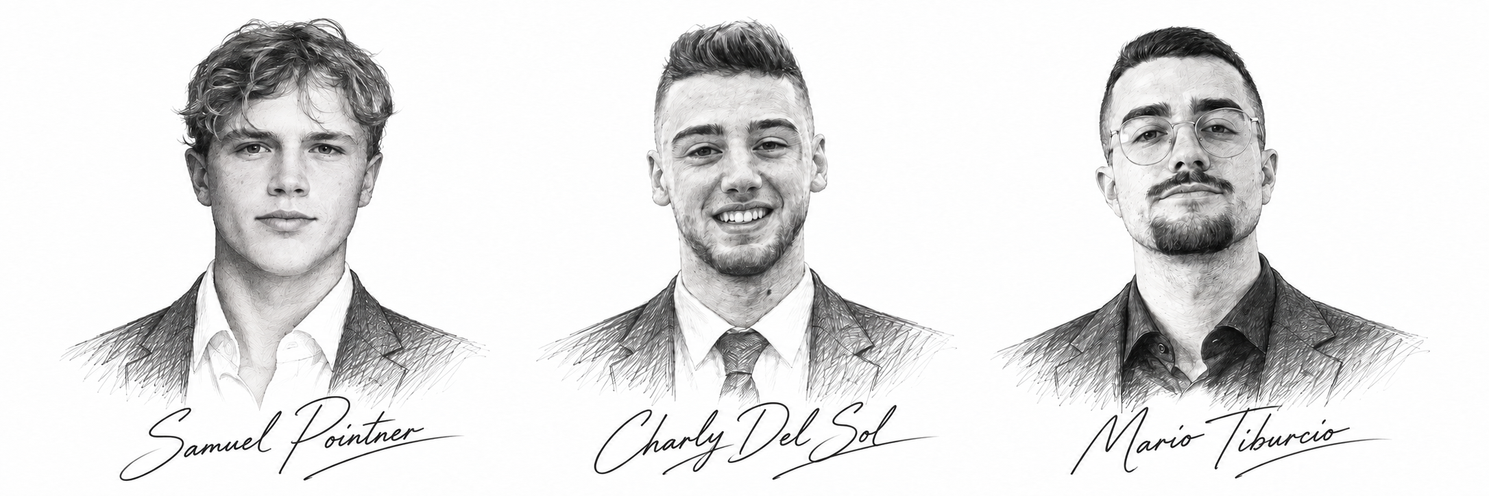 Pencil portraits of Samuel Pointner, Charly Del Sol and Mario Tiburcio with decorative handwritten names
